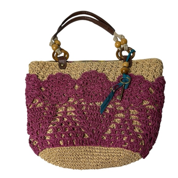 Fossil Long Live Vintage Raffia Straw Tote Bag Purse Leather Boho Beach Vacation - Picture 6 of 13